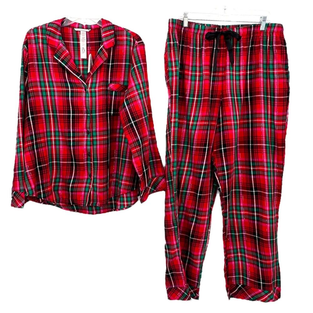 New Victoria's Secret Red Green Flannel Plaid‎ Pajama Set Long Sleeve Shirt Pant